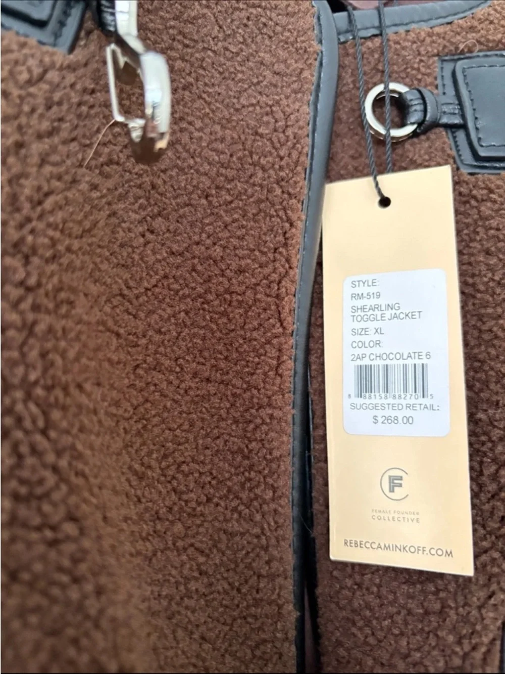 NWT $268 Rebecca Minkoff Shearling Toggle Jacket Chocolate Brown XL - Picture 6 of 7